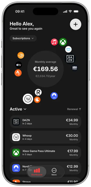 The Snipp app dashboard on iPhone, showing monthly subscription spend and a bubble chart of active subscriptions